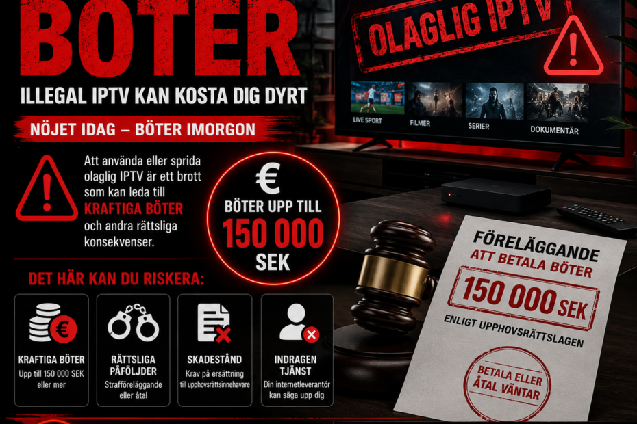 IPTV böter illustreras med domarklubba, handfängsel, sedelbuntar, varningssymbol på TV-skärm och polisljus i bakgrunden.