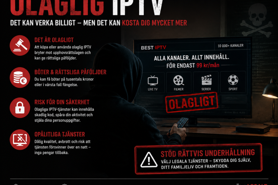 Olaglig IPTV med varningssymbol på TV-skärm, anonym användare och digitala säkerhetsrisker.