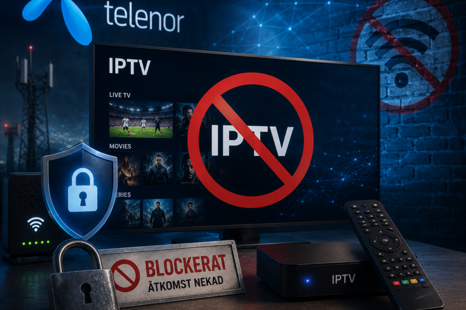 Telenor blockerar IPTV på TV-skärm med spärrsymbol och säkerhetsikoner.